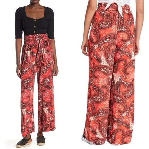 Free People Wide Leg High Waist Boho Tie Waist Paisley Pants Size Small - Picture 1 of 13